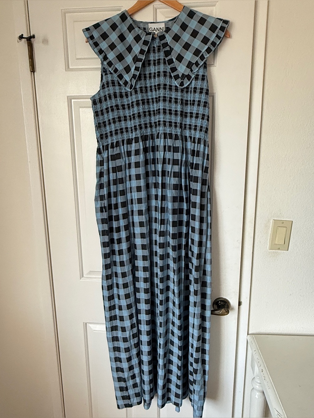 GANNI Blue & Black Check Smocked Maxi Dress